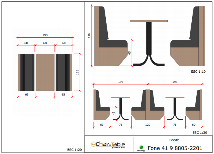 Desenho dimensional de booth em múltiplas vistas