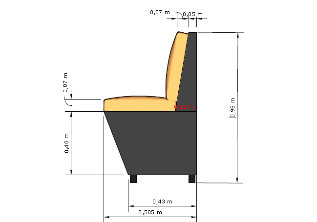 Desenho dimensional de sofá em vista lateral
