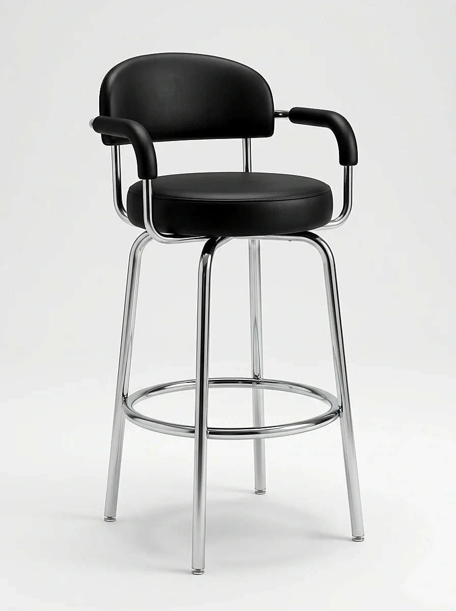 Banqueta giratória preta com apoio de braço, assento redondo estofado, pernas cromadas com aro para os pés, Chair & Table