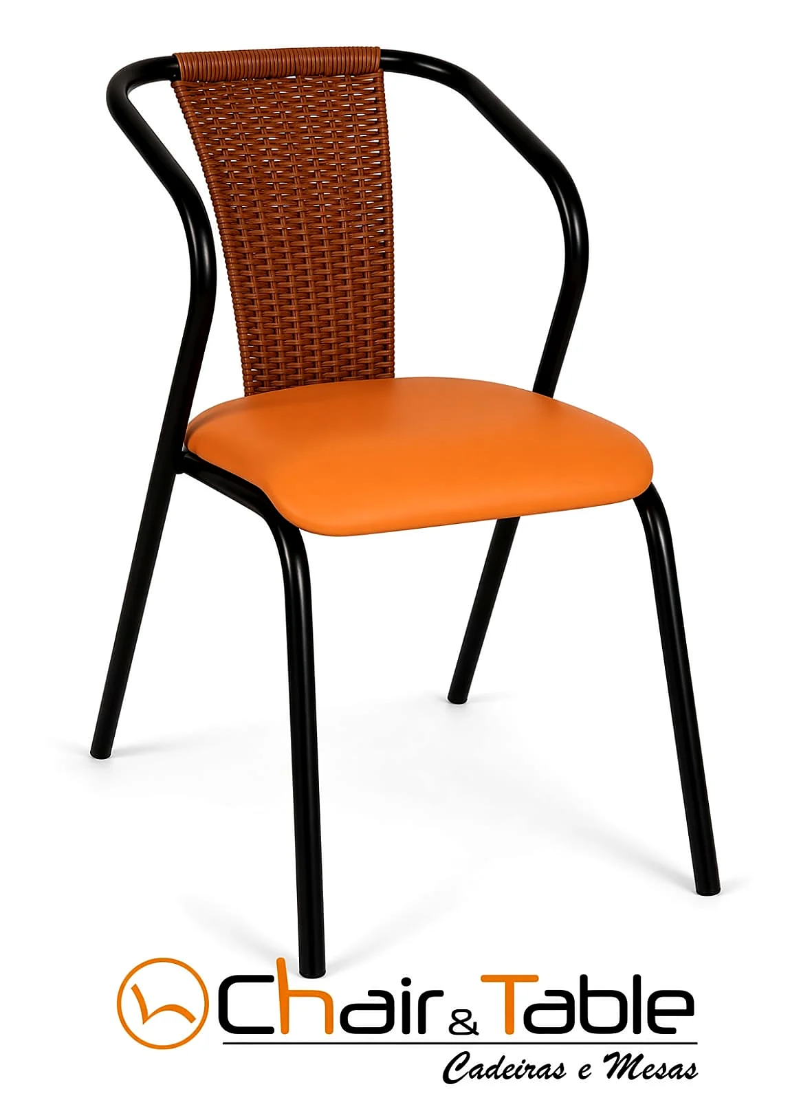 Cadeira empilhável com braço e encosto em fibra sintética trançada, assento estofado laranja, linha Chair & Table