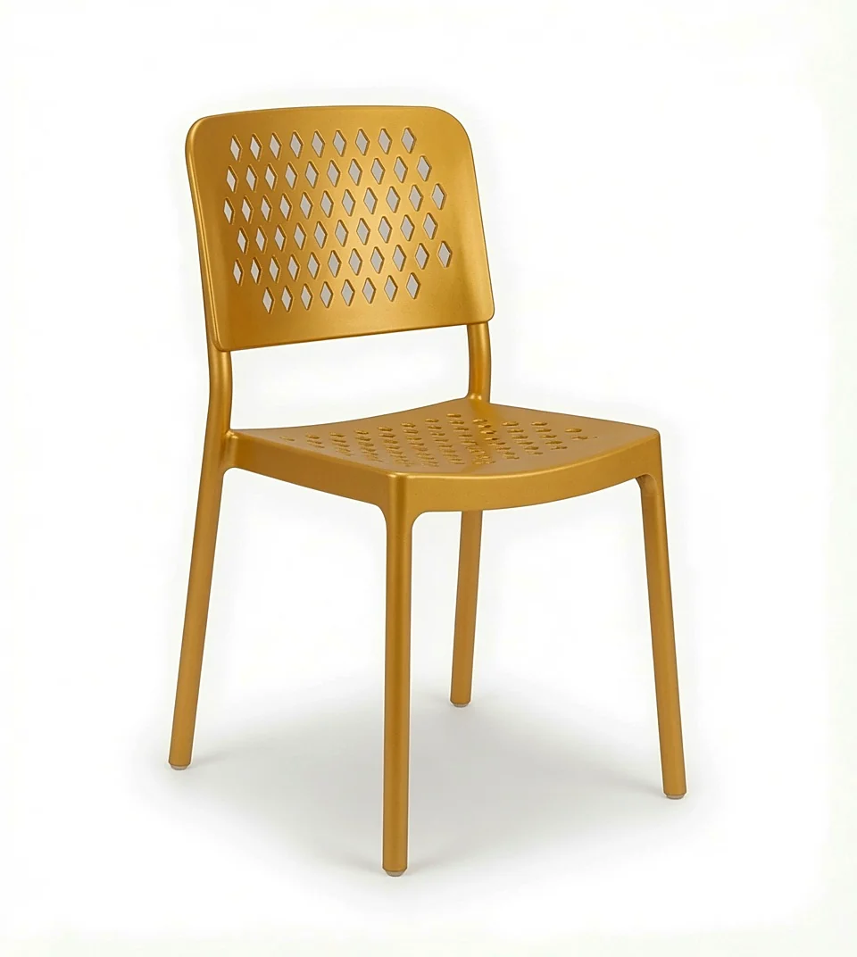 Cadeira empilhável dourada em polipropileno vazado, encosto e assento perfurados, Chair & Table