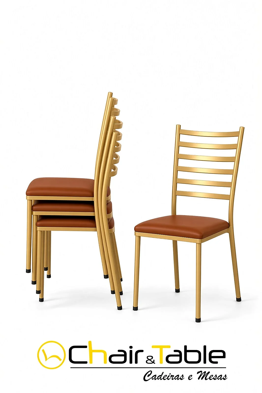 Cadeira empilhável dourada com assento estofado para restaurante, modelo da linha Chair & Table