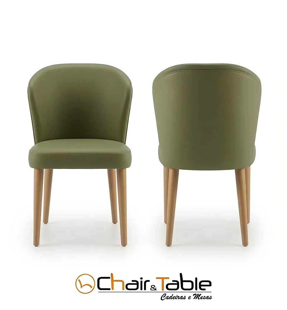 Cadeira estofada verde-musgo com pés em madeira clara, vista frontal e traseira, Chair & Table