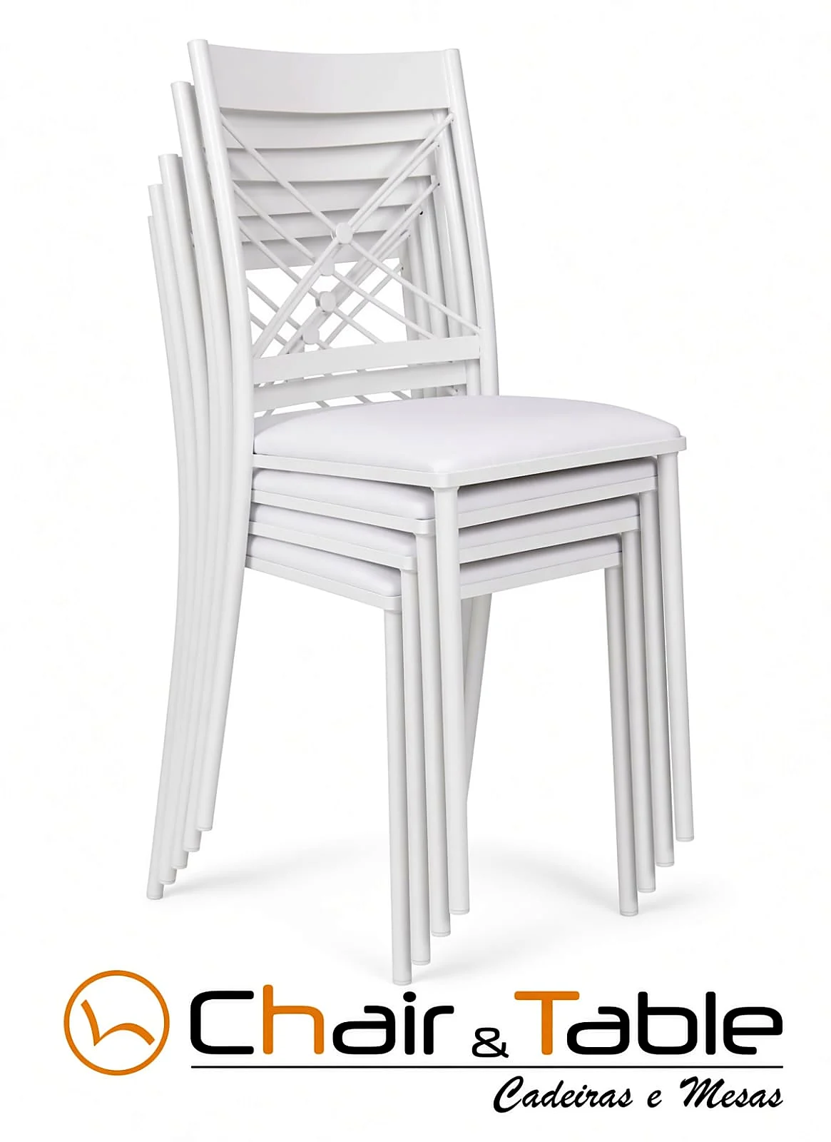 Cadeiras empilháveis brancas com assento estofado, estrutura vazada, Chair & Table