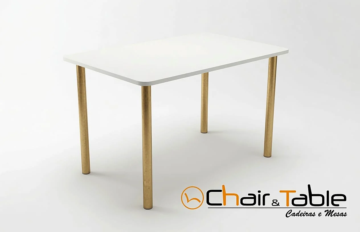 Mesa retangular com tampo branco e quatro pés em metal dourado, Chair & Table