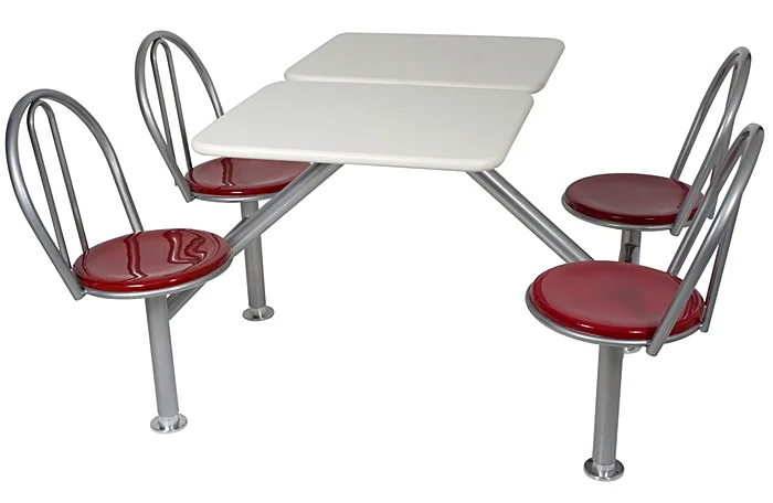 Conjunto mesa para refeitório com 4 banquetas vermelhas acopladas, tampo branco, Chair & Table