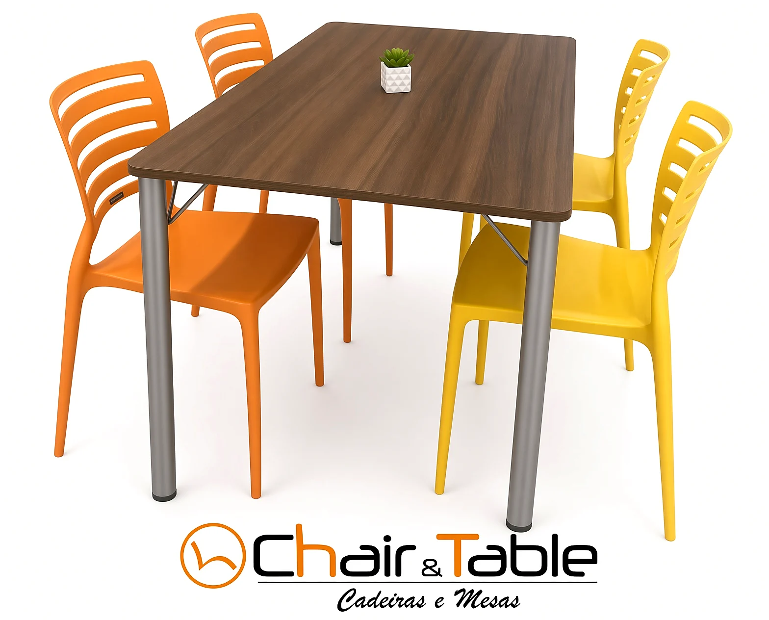 Mesa com cadeiras empilháveis laranja e amarela para refeitório, Chair & Table