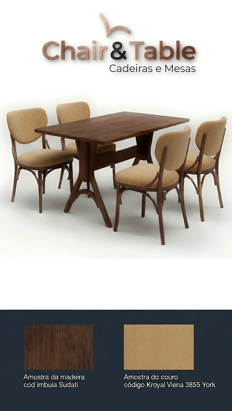 Mesa de madeira com quatro cadeiras estofadas bege, estrutura torneada, para restaurante, Chair & Table