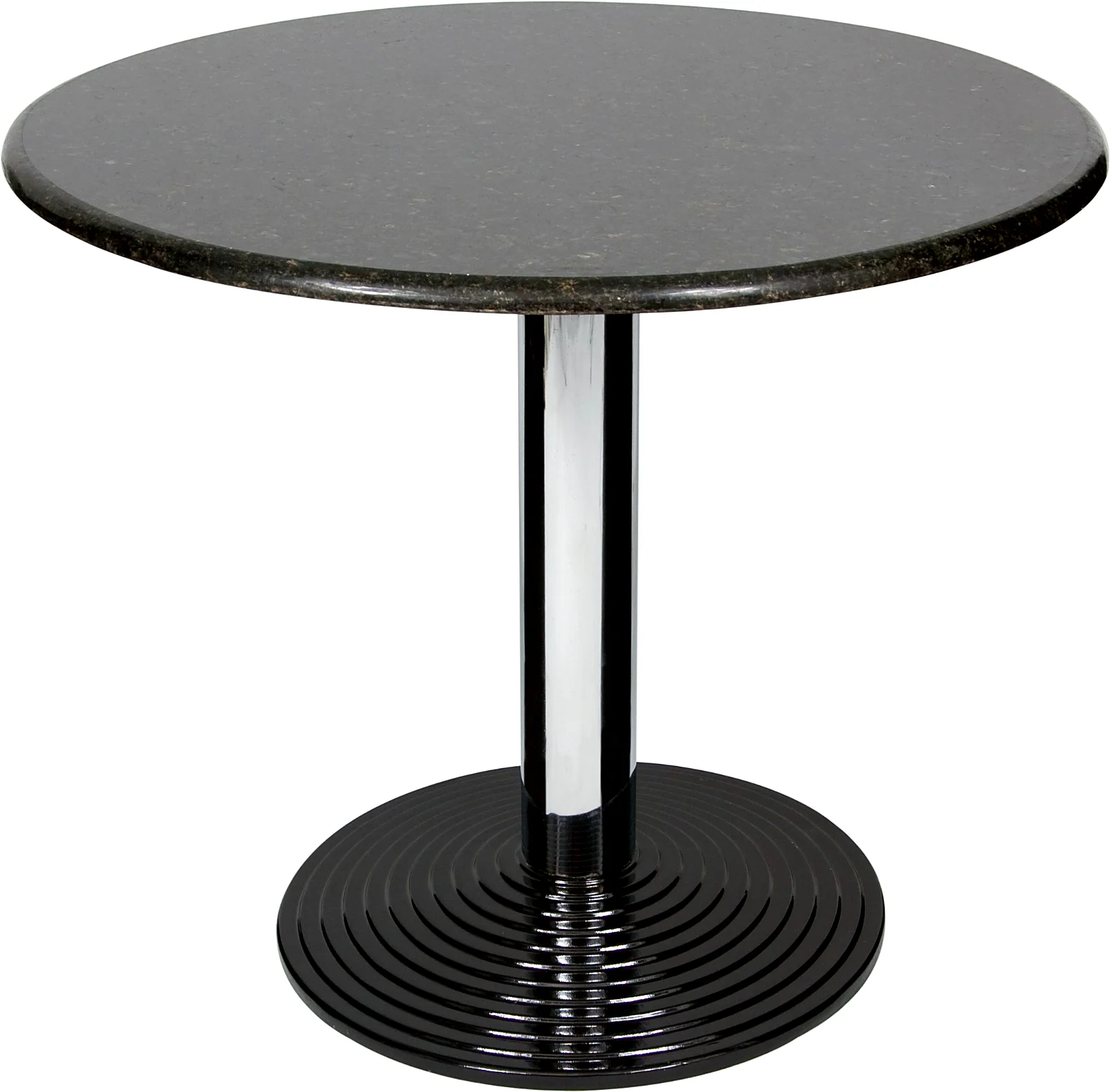 Mesa redonda com tampo em granito preto, coluna cromada e base em disco preto raiado, Chair & Table