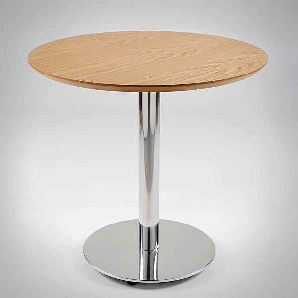 Mesa redonda com tampo em madeira clara e coluna cromada tipo taça com base em disco, Chair & Table