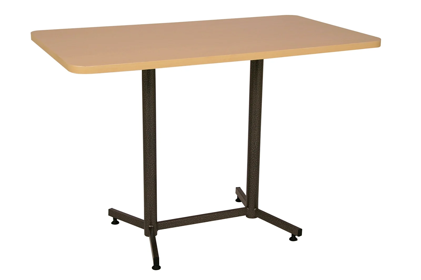 Mesa retangular com tampo em madeira clara e duplo pé martelado escuro, para restaurante, Chair & Table