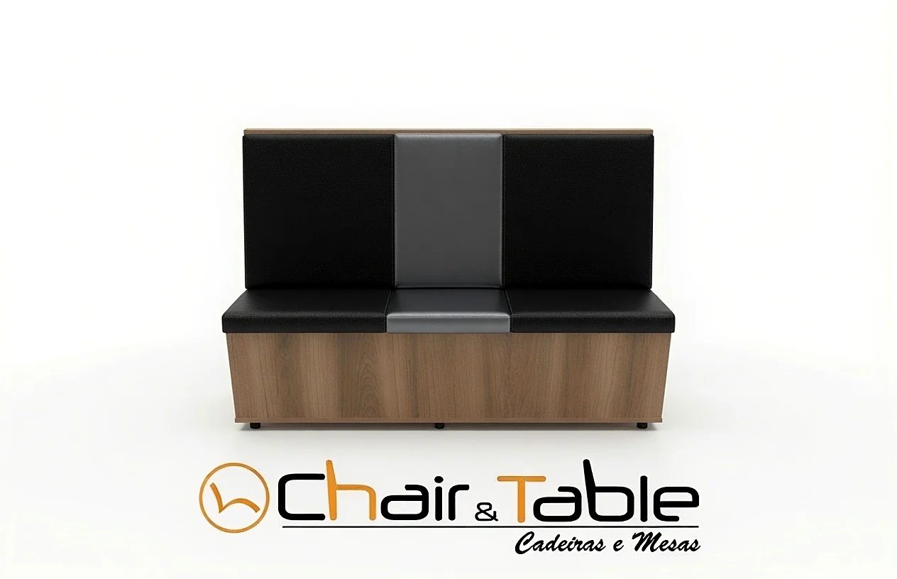 Sofá booth capitonê preto com friso central cinza, estrutura em madeira, Chair & Table