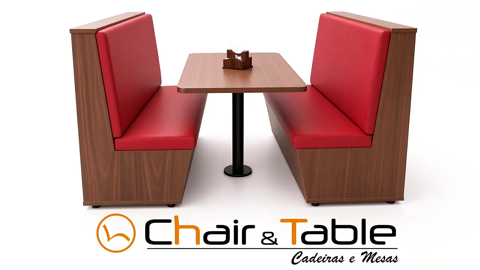 Booth capitonê vermelho com laterais em madeira e mesa central, Chair & Table