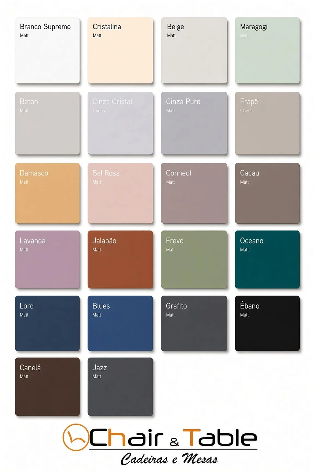 Tabela de cores em laminado para tampos e estruturas, catálogo físico Chair & Table